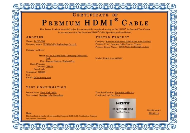 Premium cable ATC Certificate _ZONG cable
