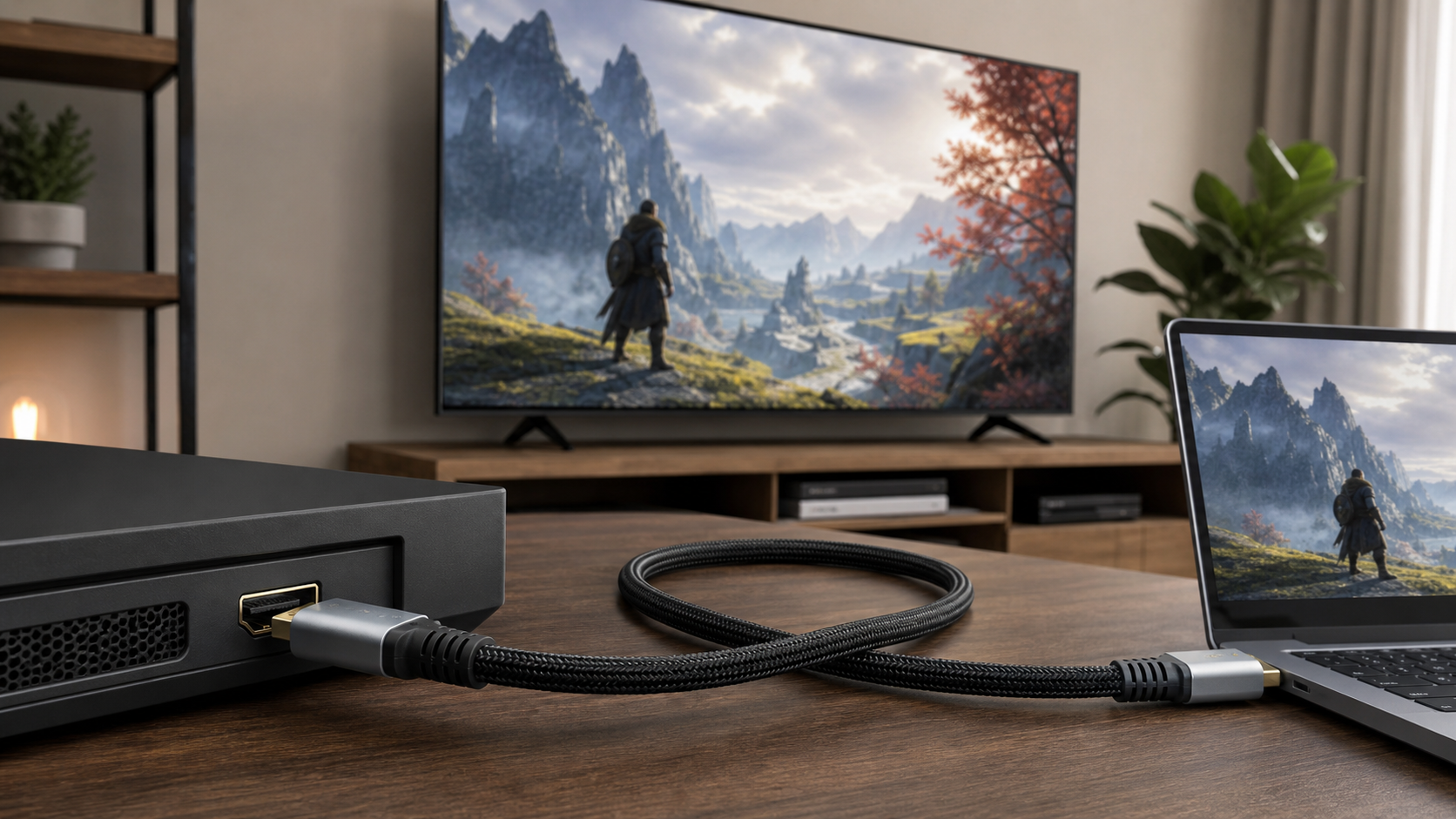 HDMI cable connected between a laptop, AV device, and large display in a home entertainment and professional AV setup